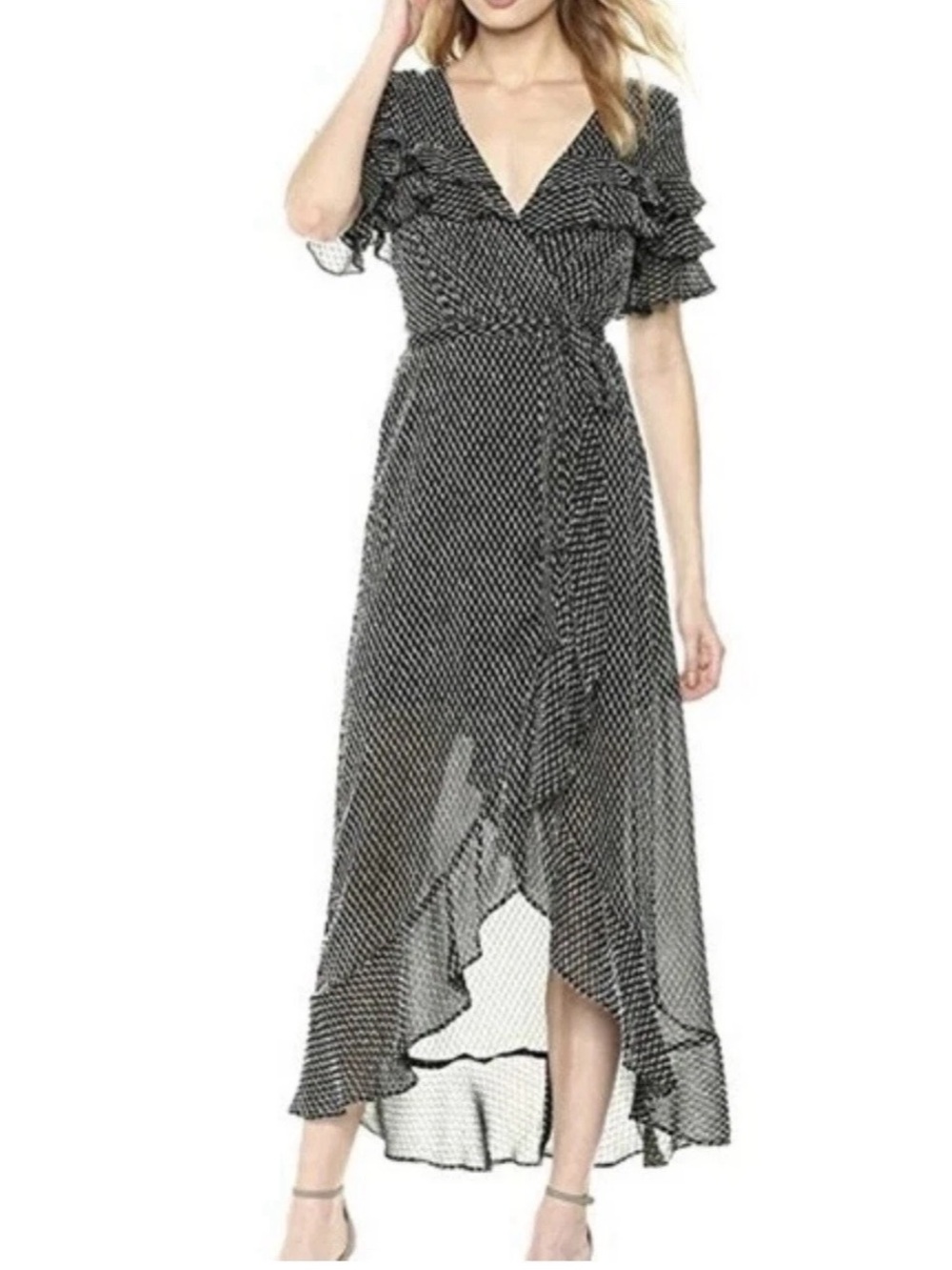 Ali & Jay Pointelle Wrap Ruffle Dress Black/White Romantic Boho - Picture 3 of 12